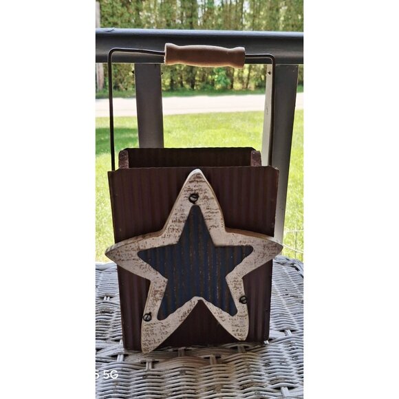 Rustic Metal & Wood Star-Themed Rectangular Bucket With Handle Artsy America - Picture 1 of 7